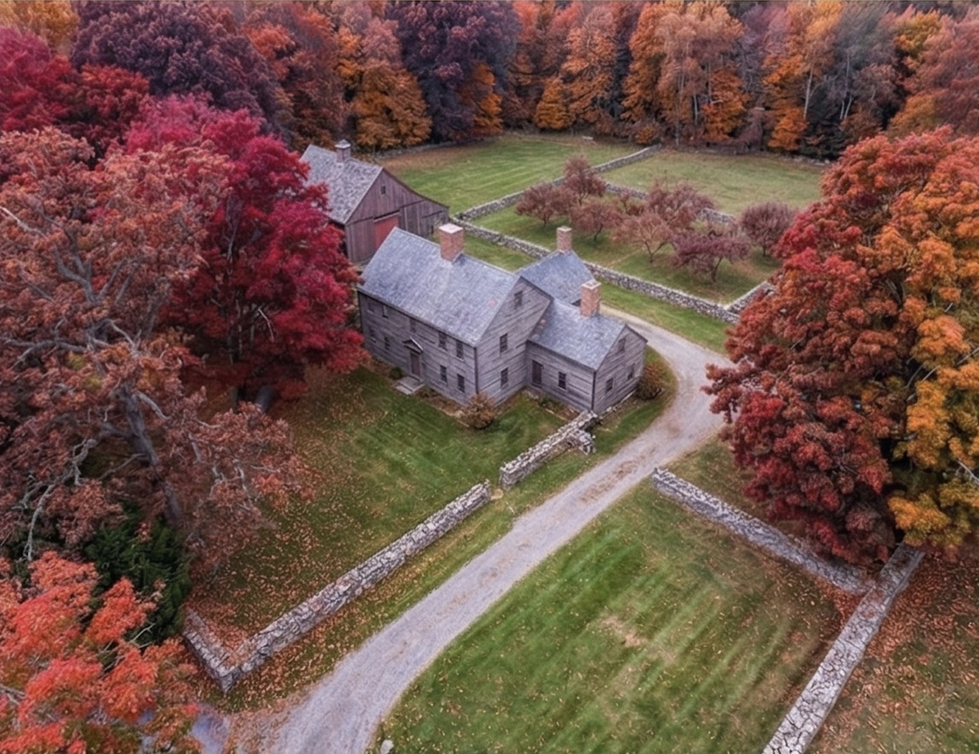 Fall view of a managed property with autumn canopy color across mature trees.